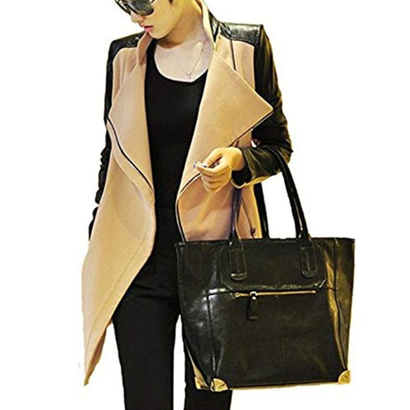 Jackets & Blazers - Camel Wool Blend and Leather jacket with belt tie